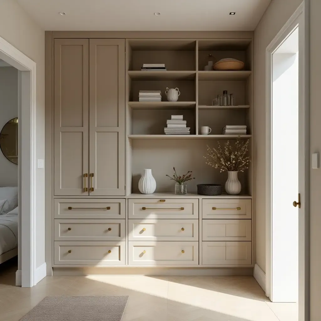 a photo of a stylish hallway with a combination of shelves and drawers