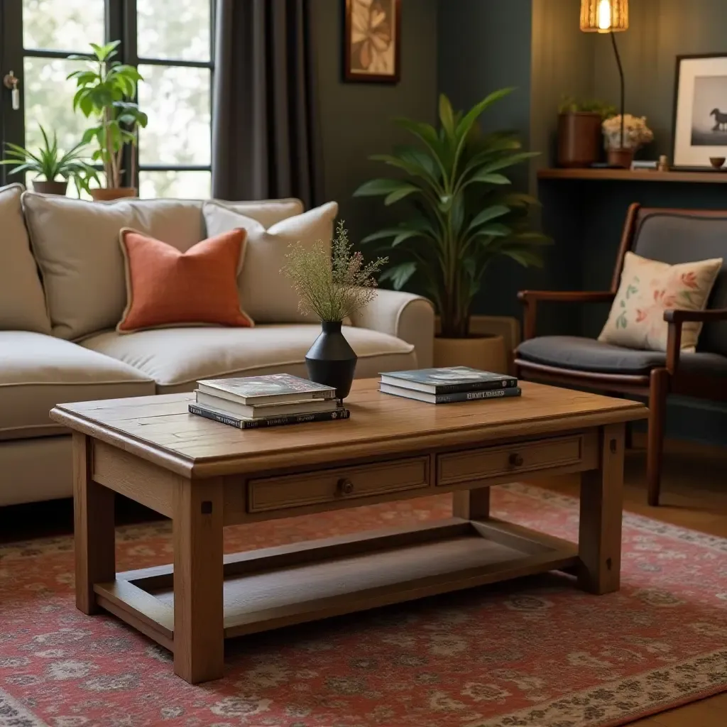 a photo of a vintage wooden coffee table surrounded by eclectic decor