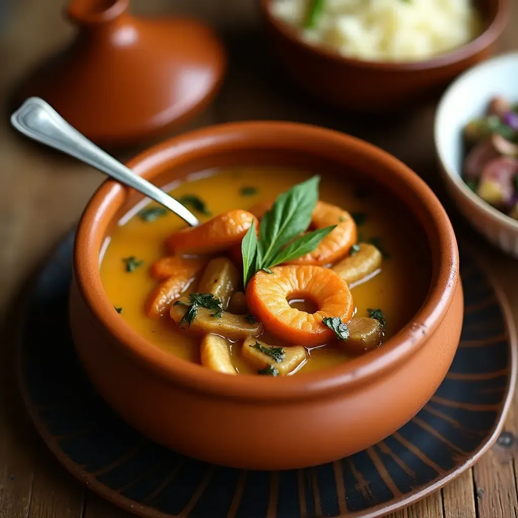 a photo of a bouillabaisse with coconut milk and lemongrass, served in a clay pot.