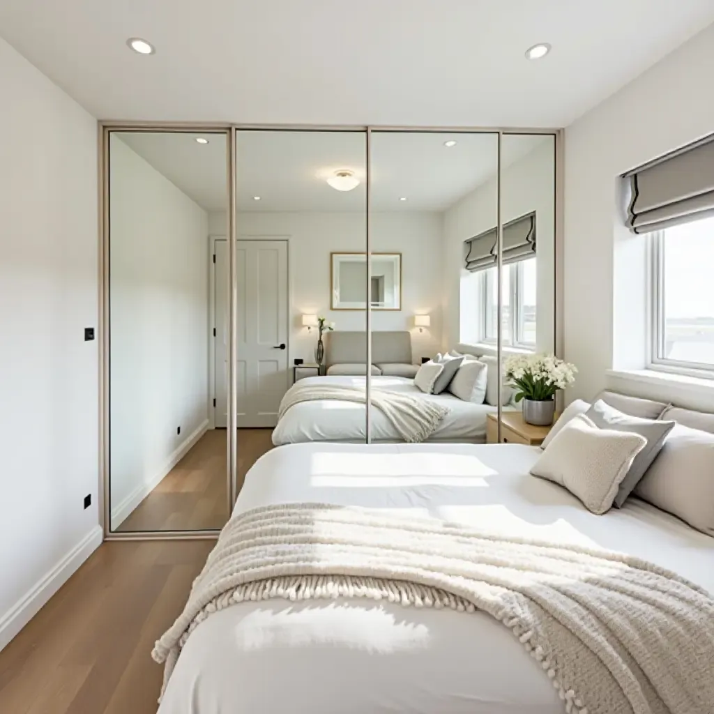 a photo of a bright 8x8 bedroom using mirrors to enhance space