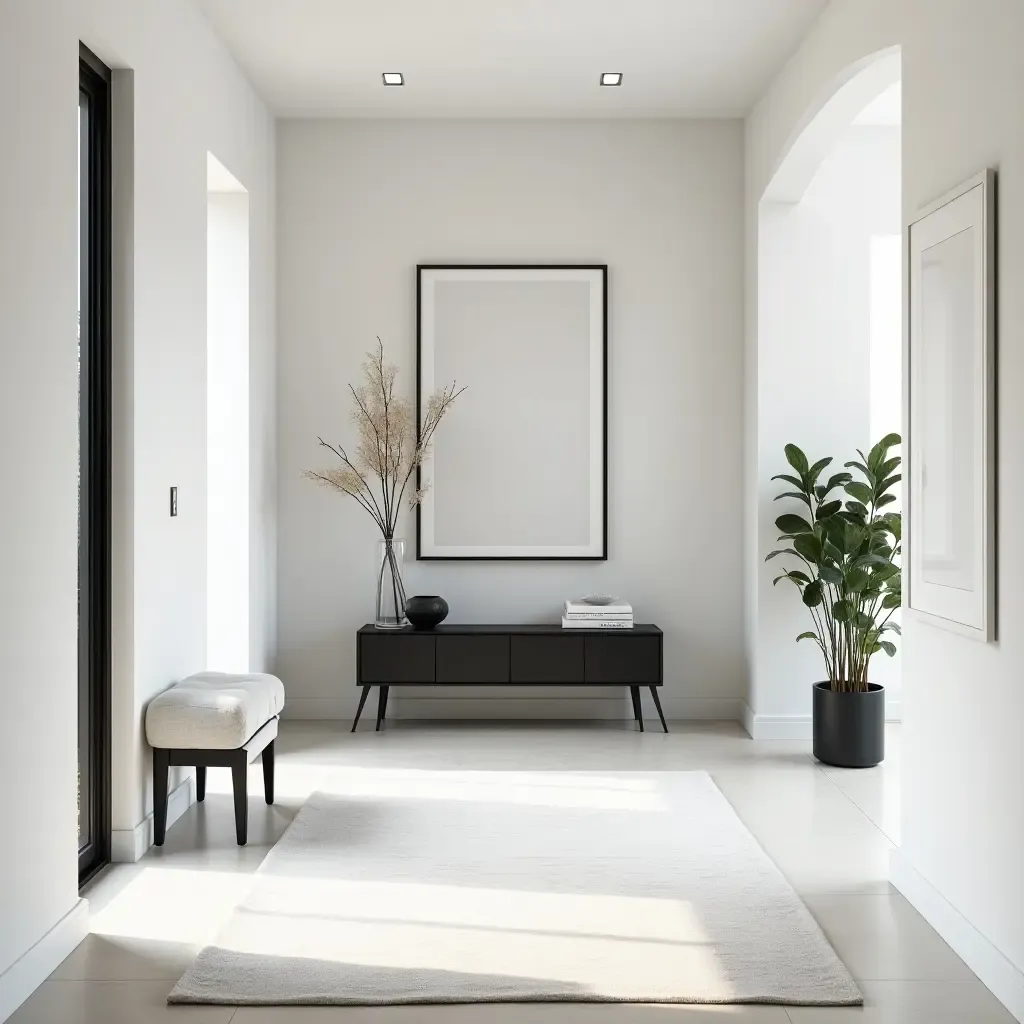 a photo of a monochromatic foyer with black and white decor elements