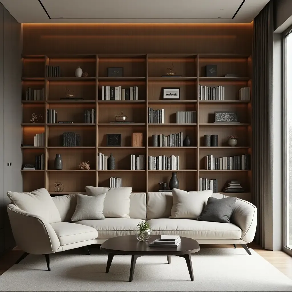 a photo of a modern library with a sleek design and minimalist decor