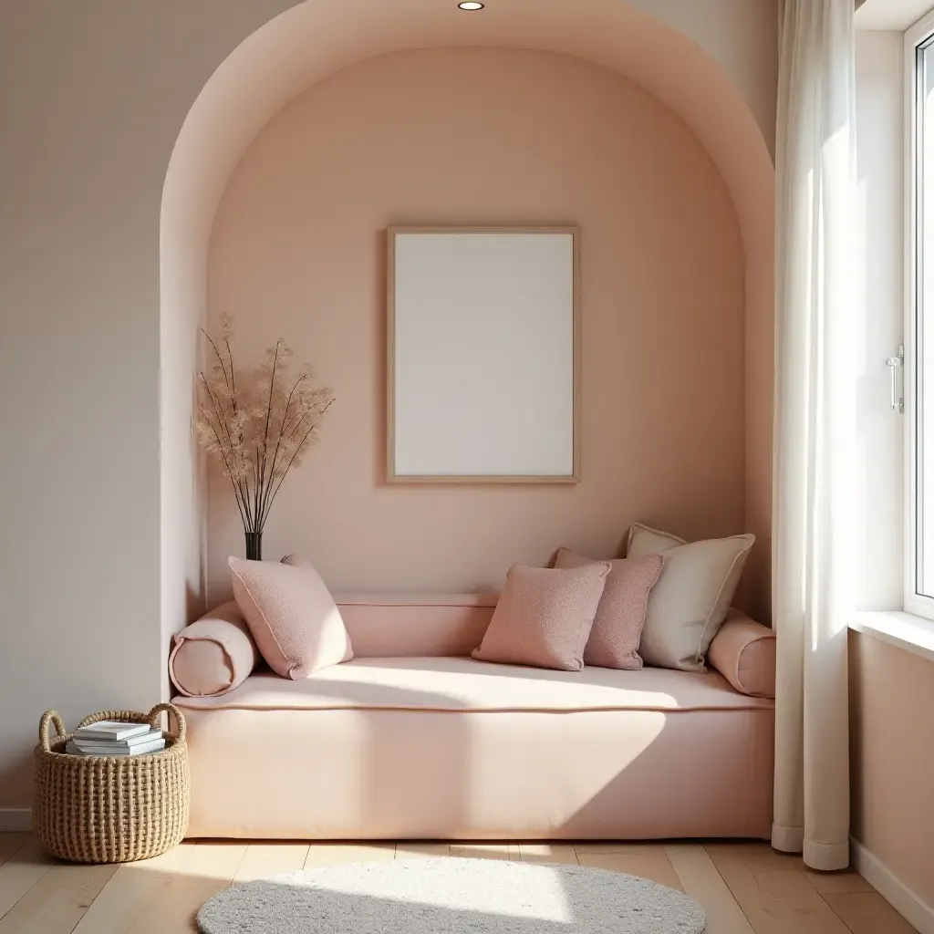 a photo of a reading nook designed with pastel colors and soft textures