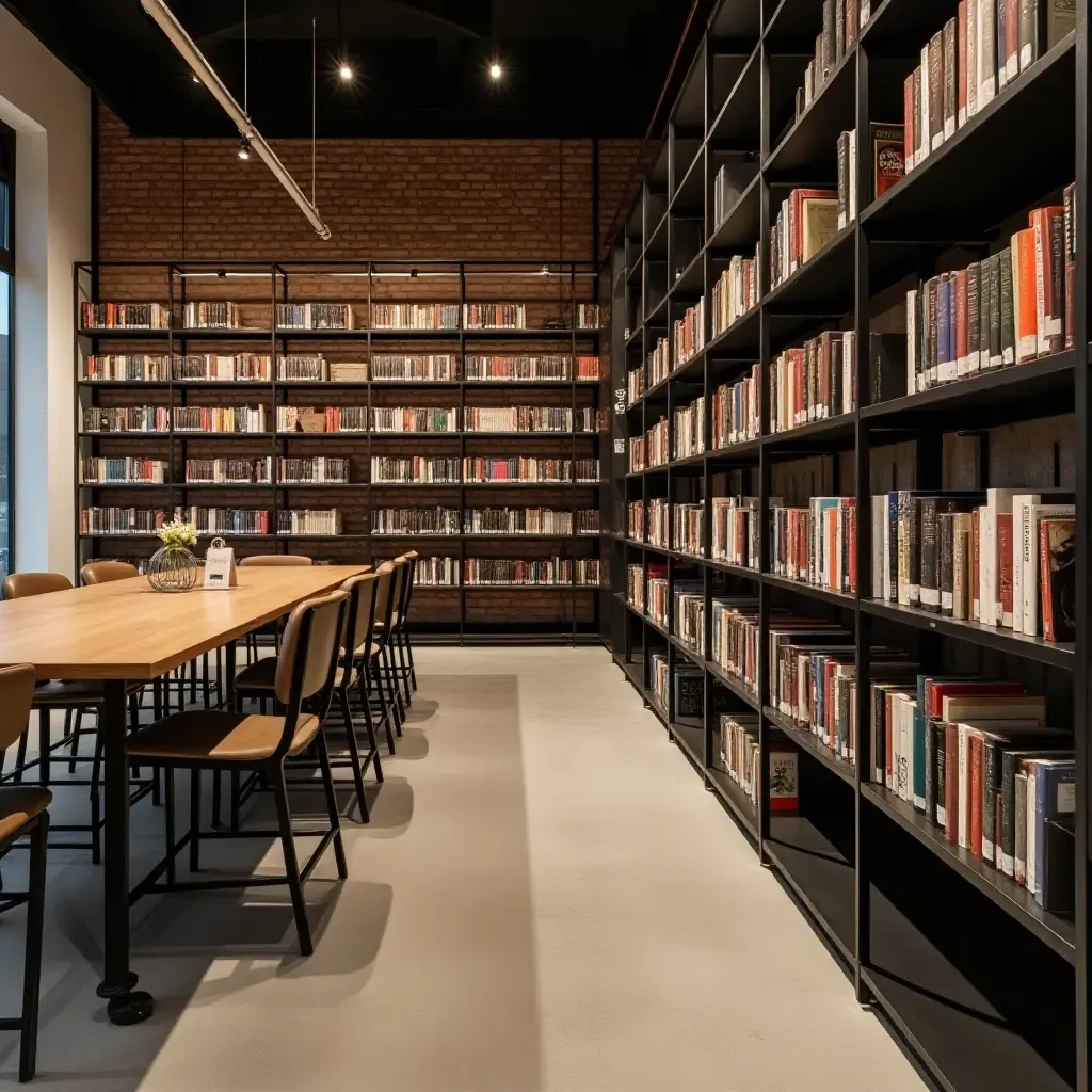 a photo of a library with exposed brick walls and metal shelves