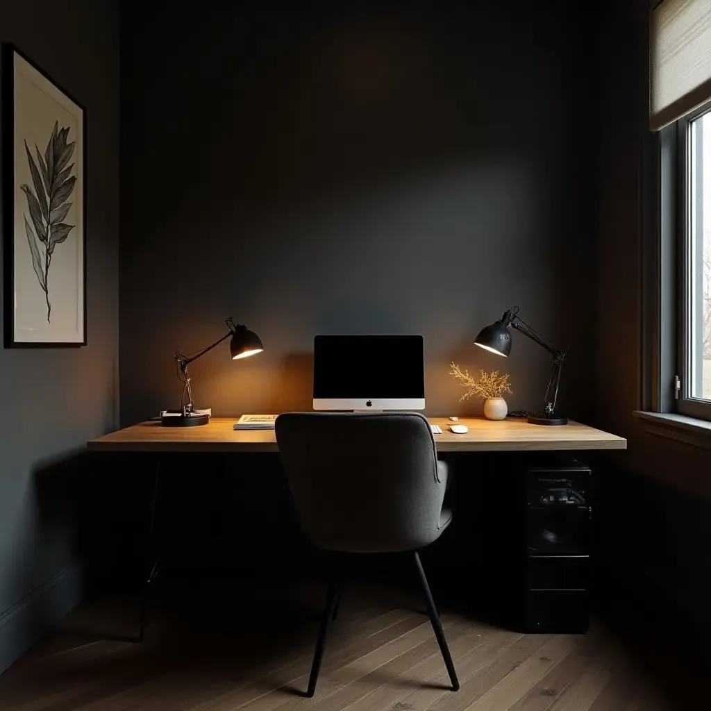 a photo of a dark-themed workspace corner with a vintage desk