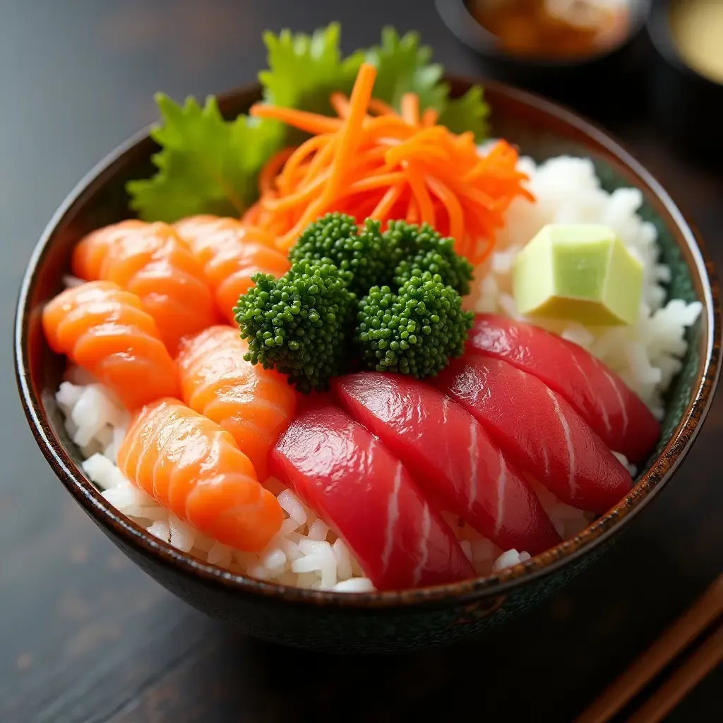 a photo of a colorful chirashi sushi bowl with fresh fish and vibrant toppings.