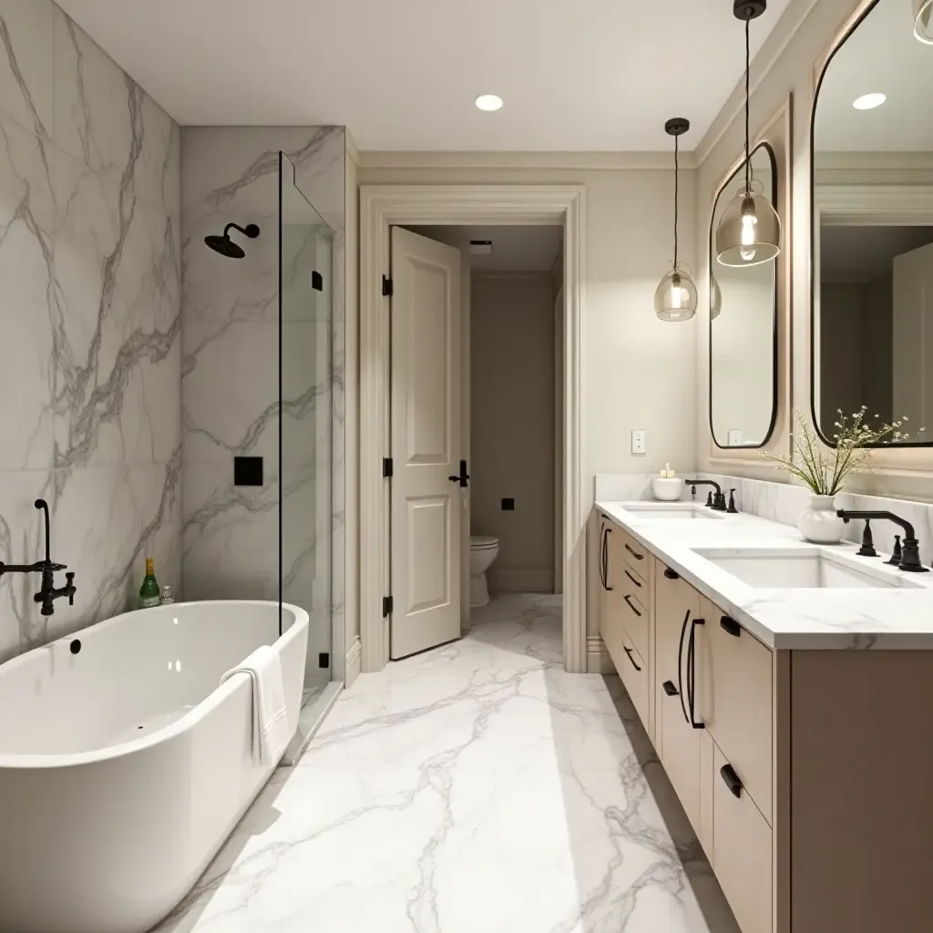 a photo of a luxurious basement bathroom with marble accents and elegant fixtures