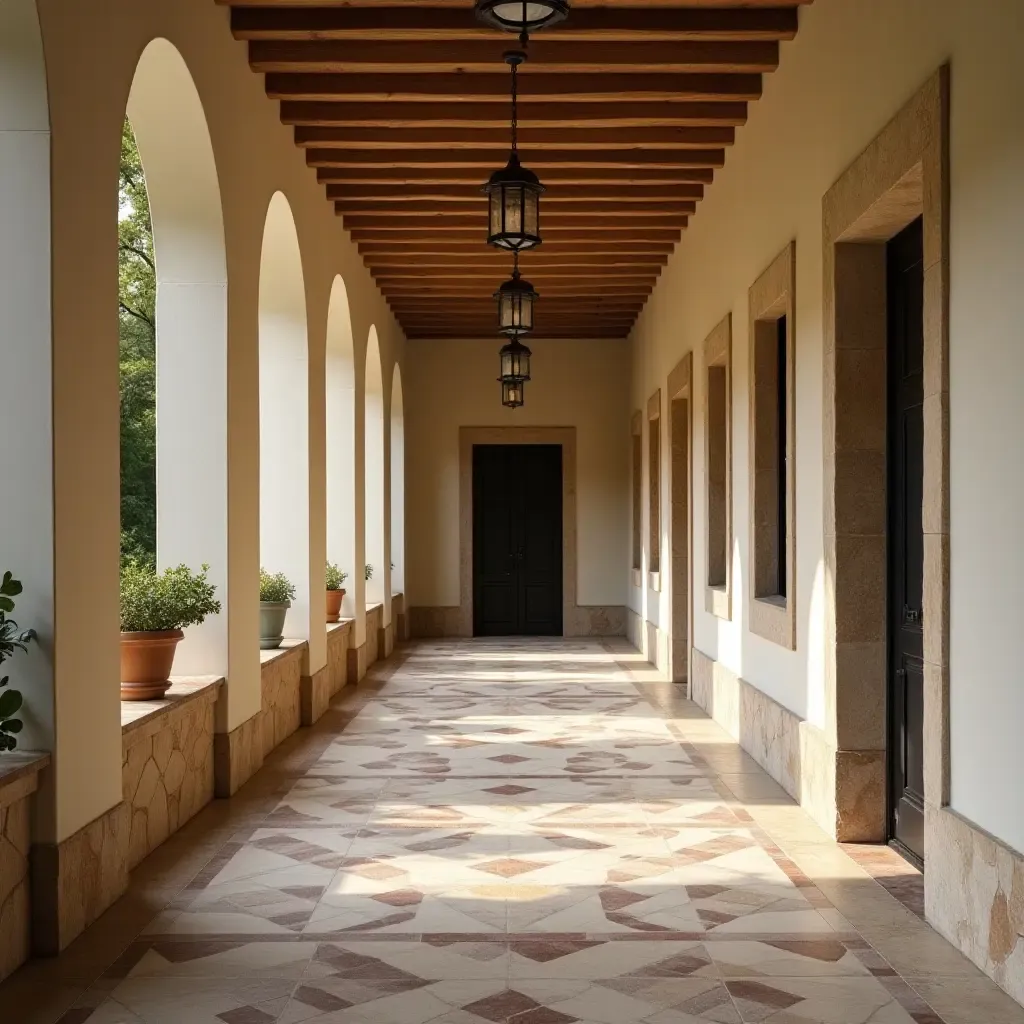 a photo of a charming corridor with vintage tiles and natural stone accents