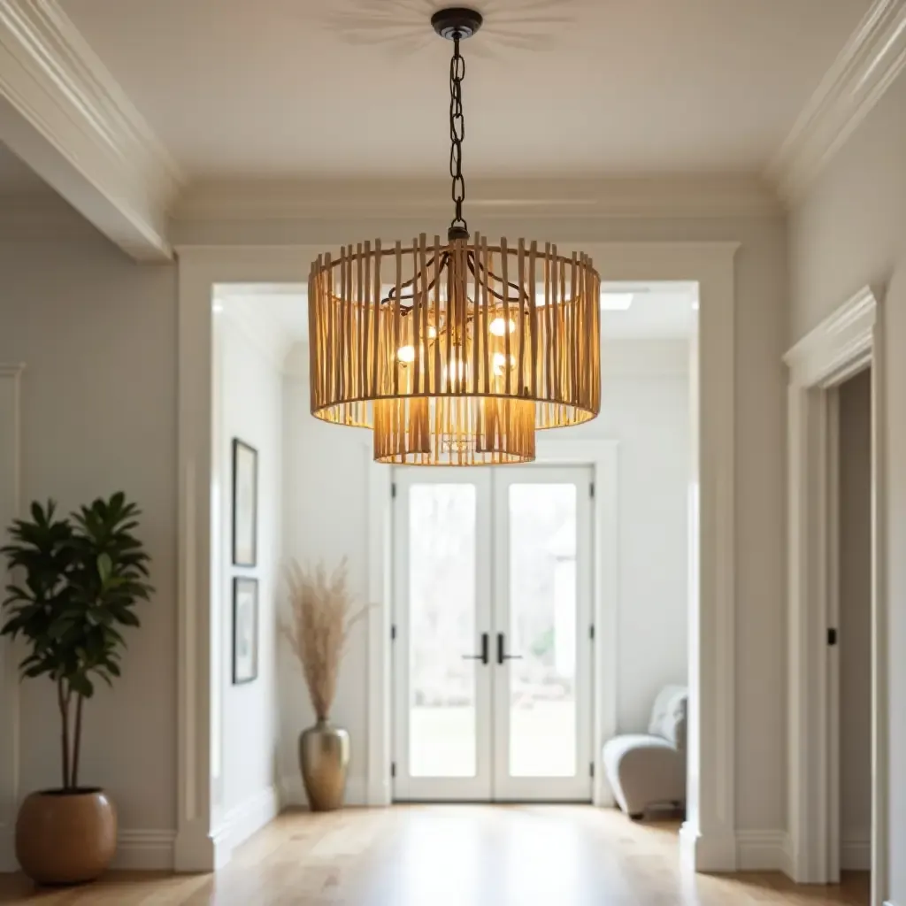 a photo of a wooden chandelier hanging in the entryway