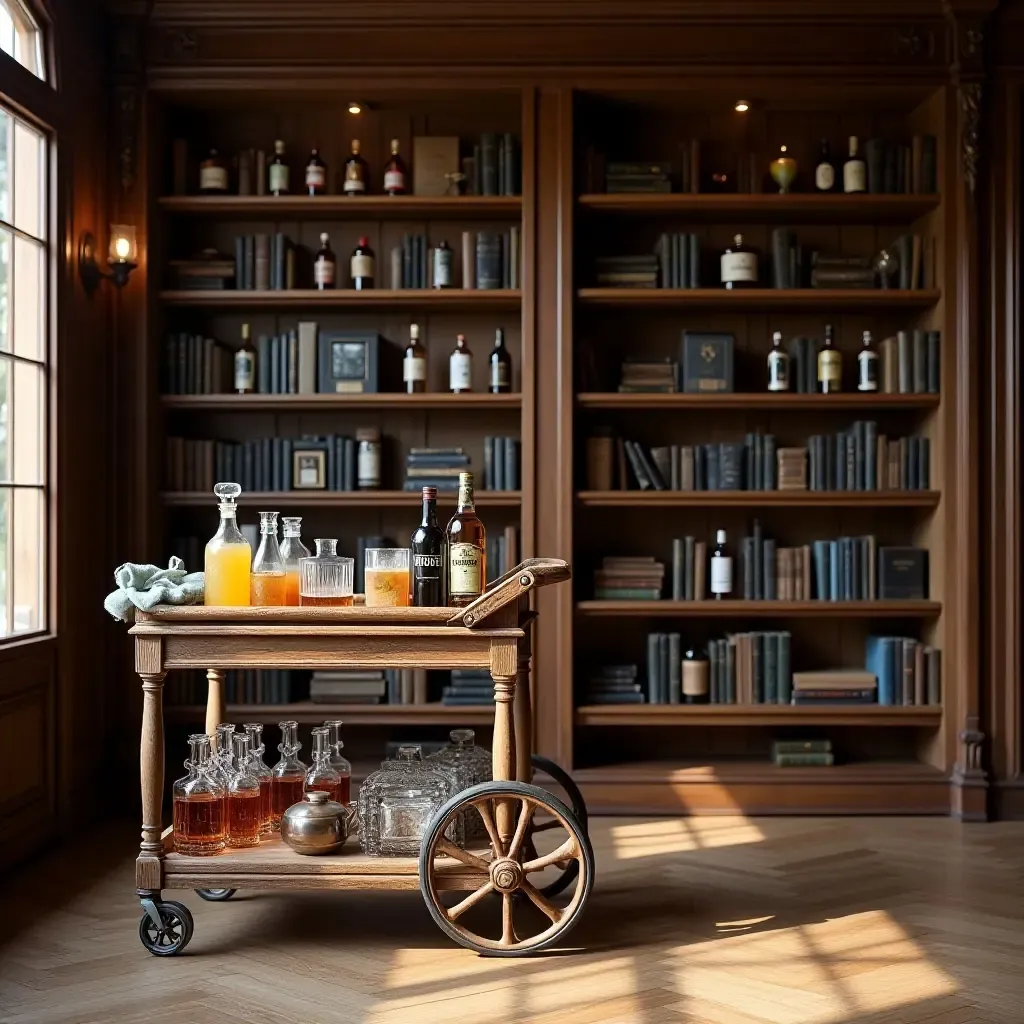 a photo of a library with a wooden bar cart for refreshments