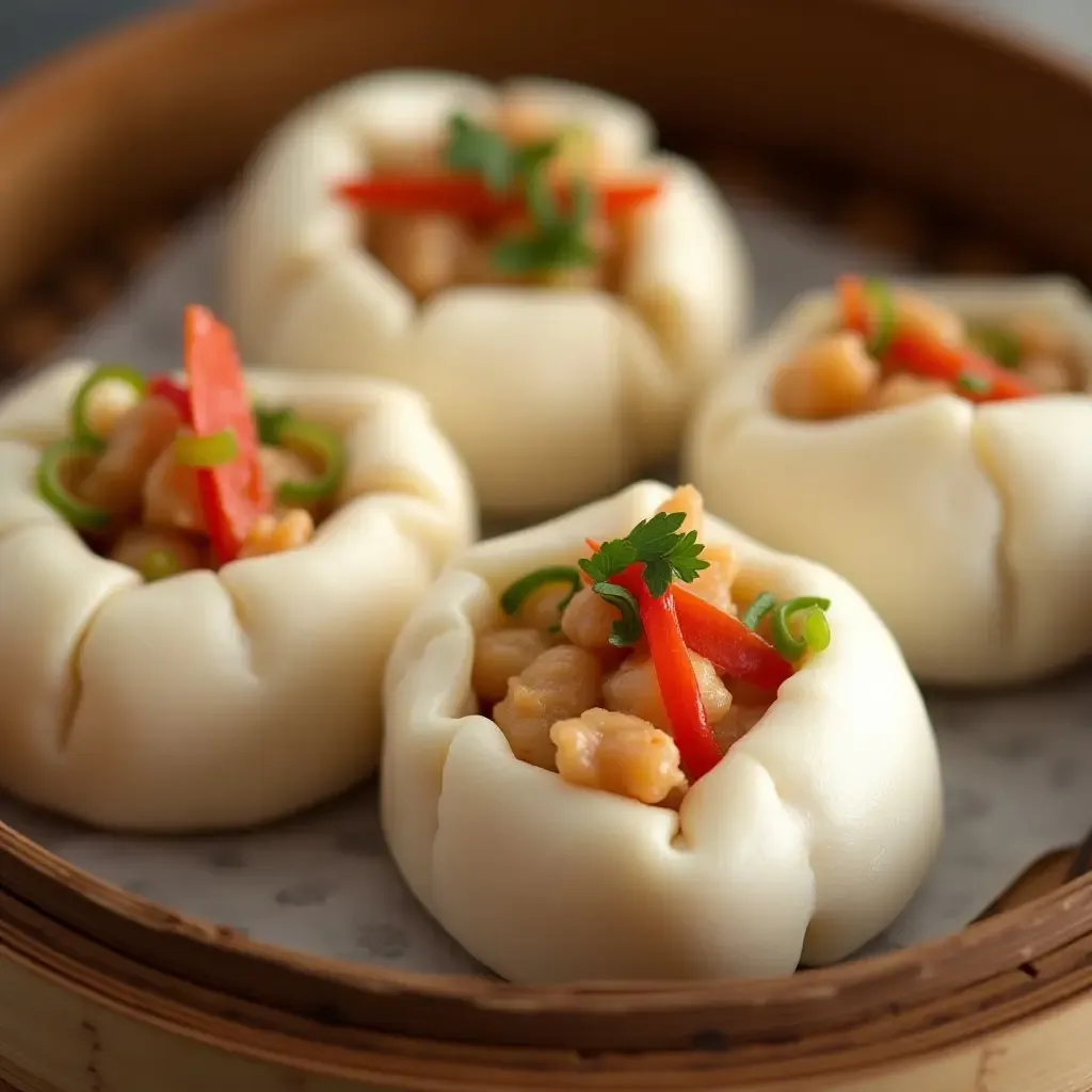 a photo of salted cod bao buns with pickled vegetables, soft steamed buns, Asian fusion style