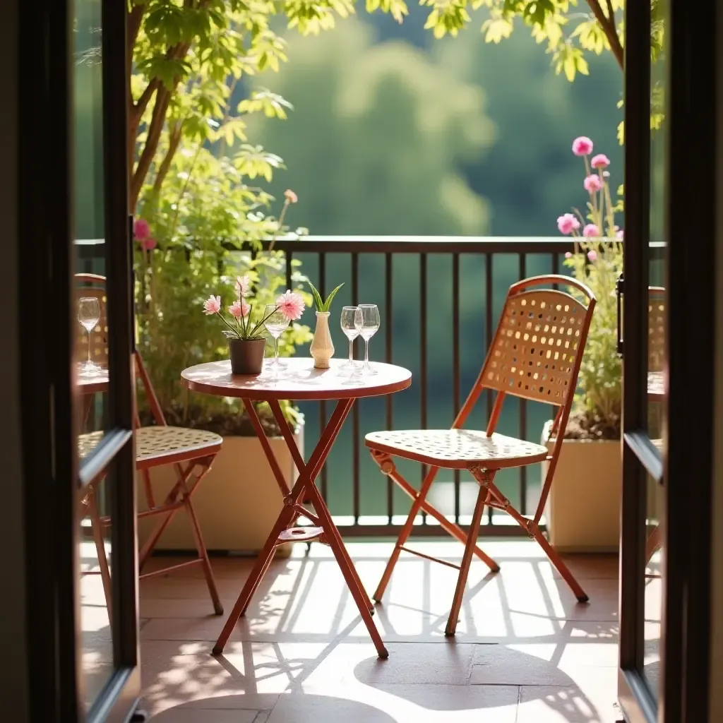 a photo of a retro metal bistro set on a sunny balcony