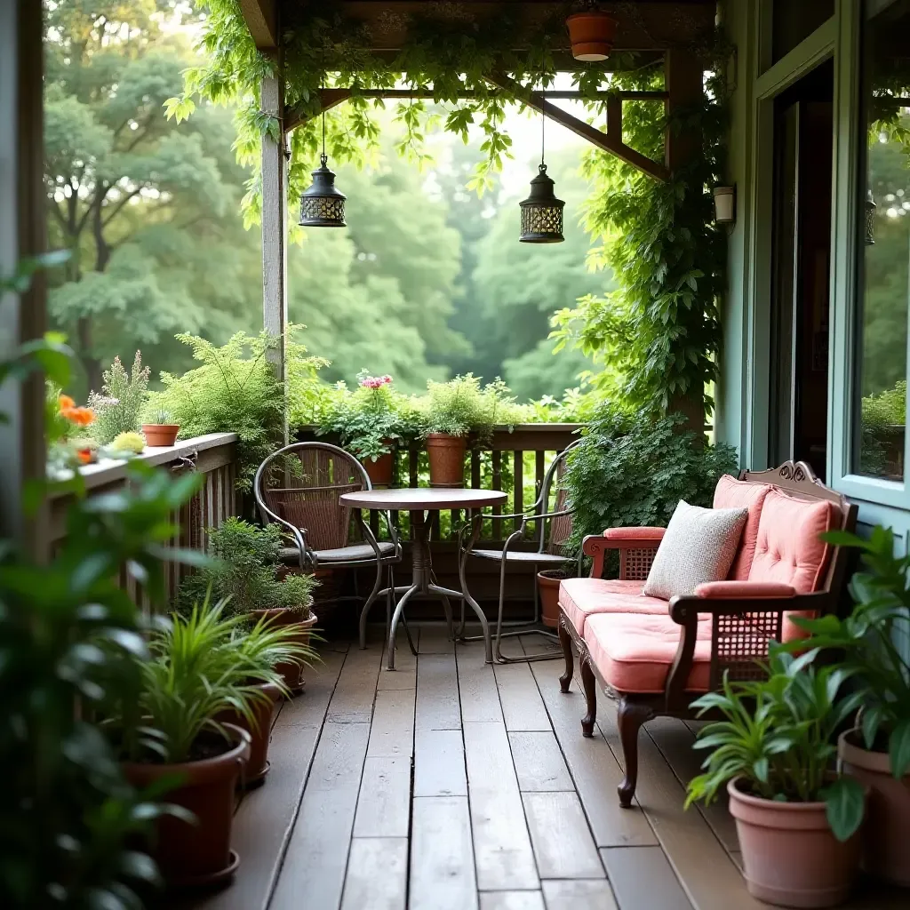 a photo of a balcony with vintage garden furniture and lush greenery