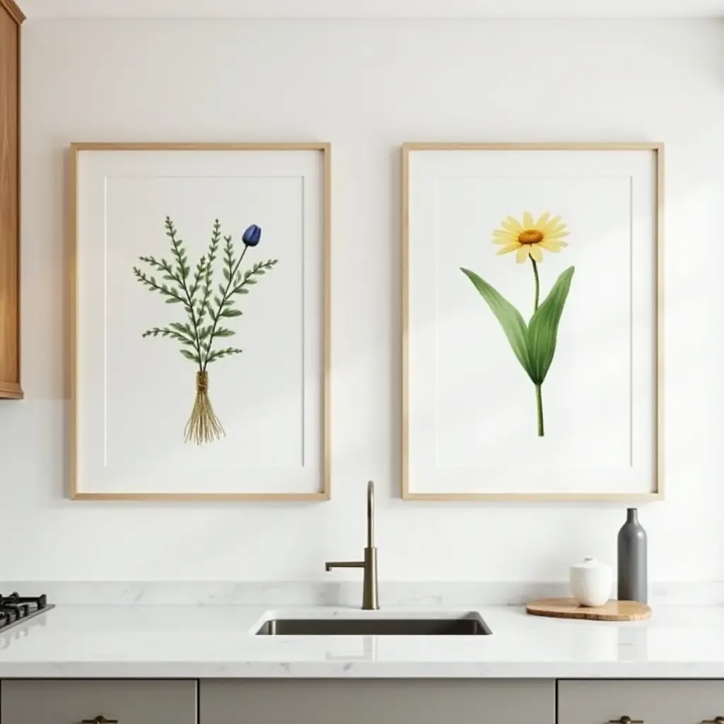 a photo of botanical prints framed above a kitchen countertop