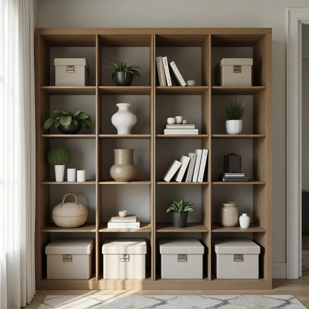 a photo of a modern bookshelf with decorative storage boxes