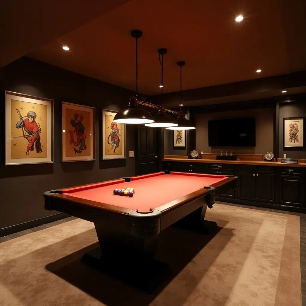 a photo of a basement game room with retro pendant lights