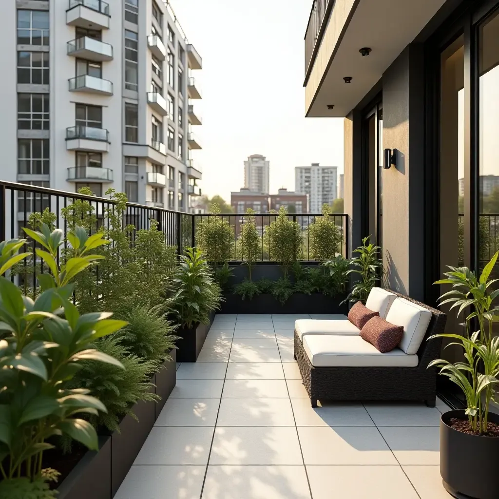 a photo of a chic balcony featuring a small herb garden and clean lines