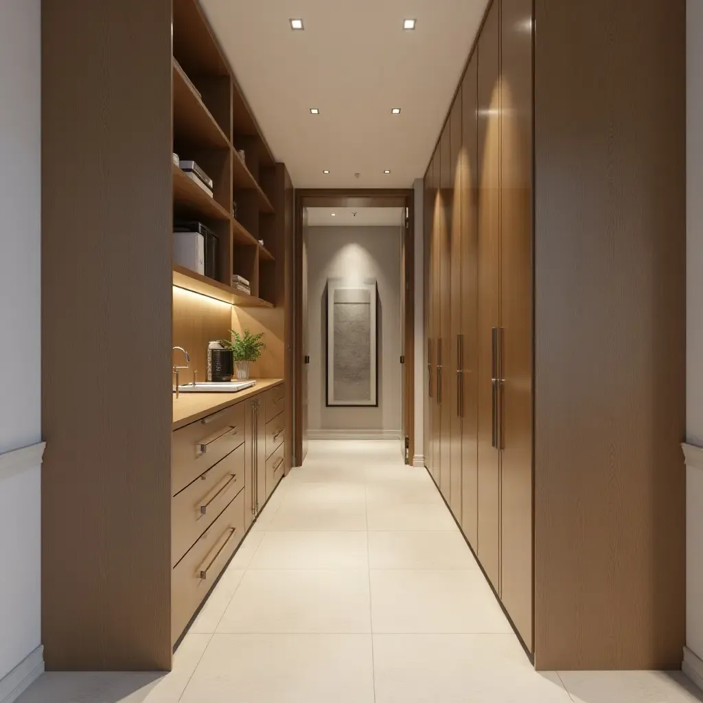 a photo of a narrow corridor with vertical storage solutions