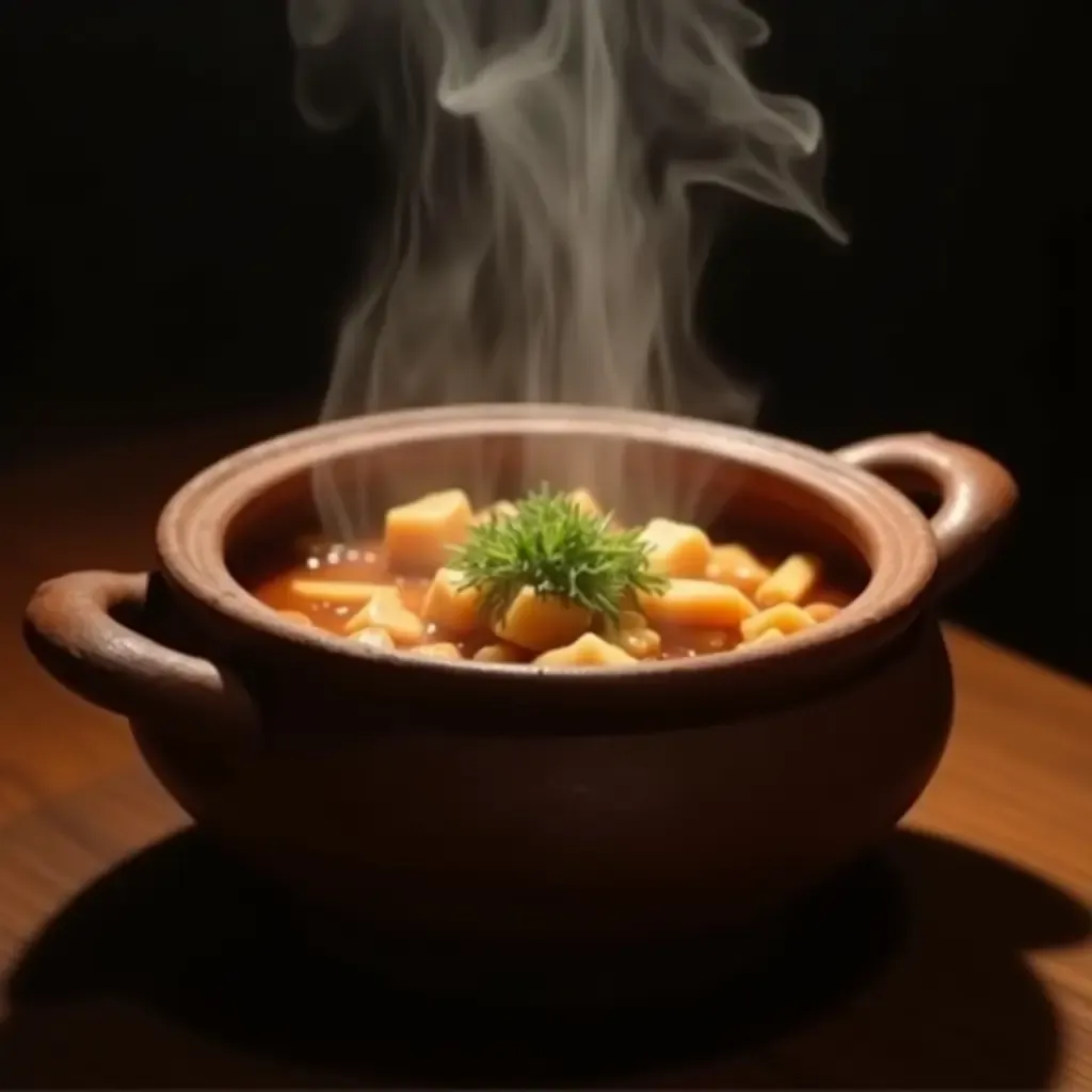 a photo of Andong&#x27;s traditional jjimdak stew served in a rustic earthenware pot, steaming hot.