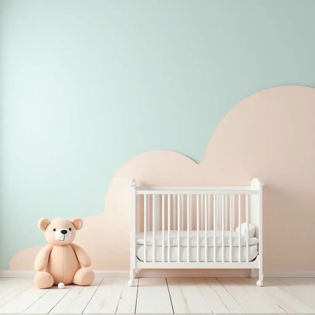 a photo of a nursery with soft blue and delicate peach