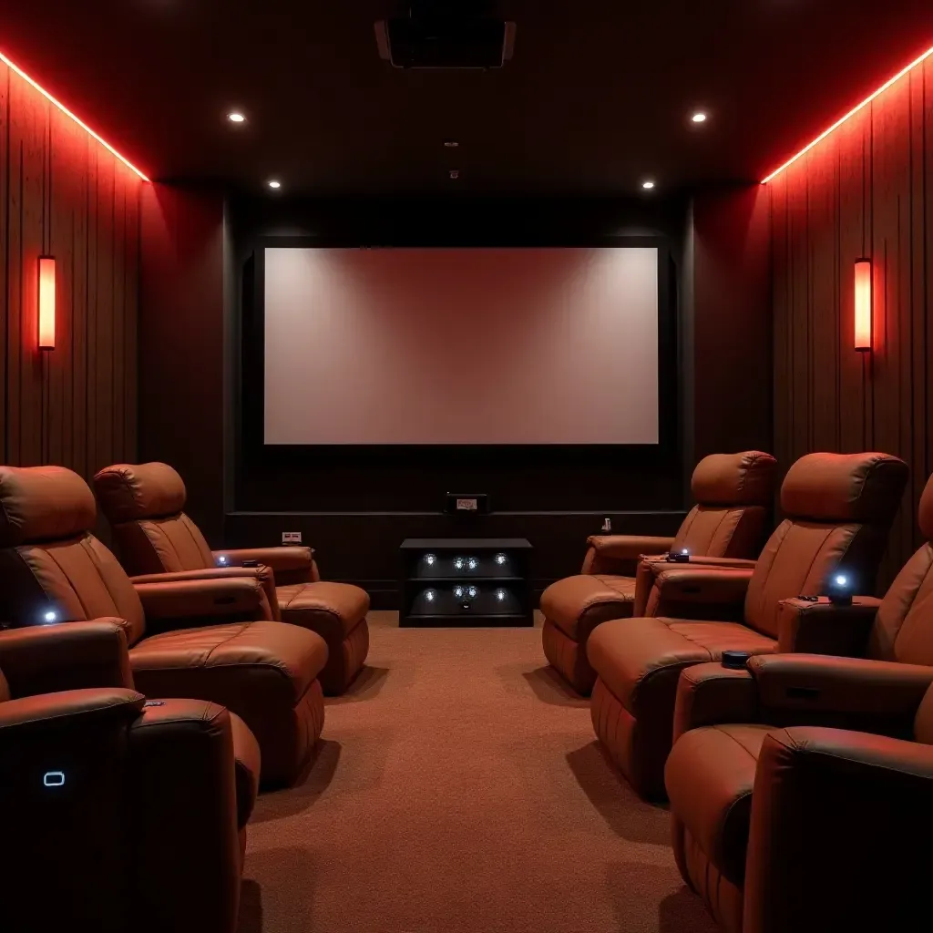 a photo of a basement cinema setup with recliners and a projector