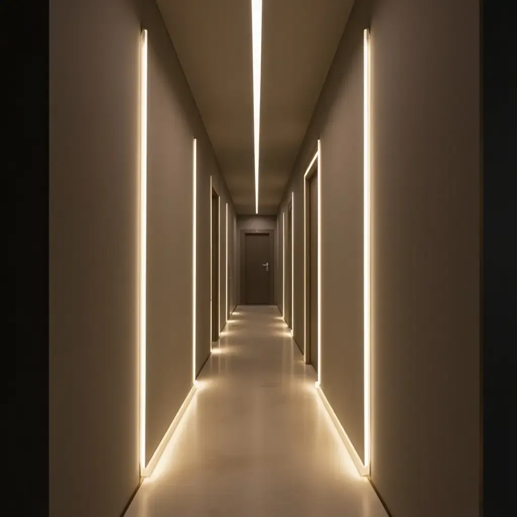 a photo of a narrow hallway illuminated by LED strip lights