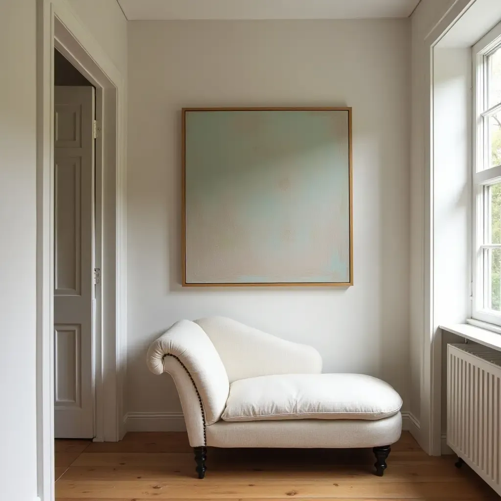 a photo of a hallway showcasing a vintage chaise and artwork