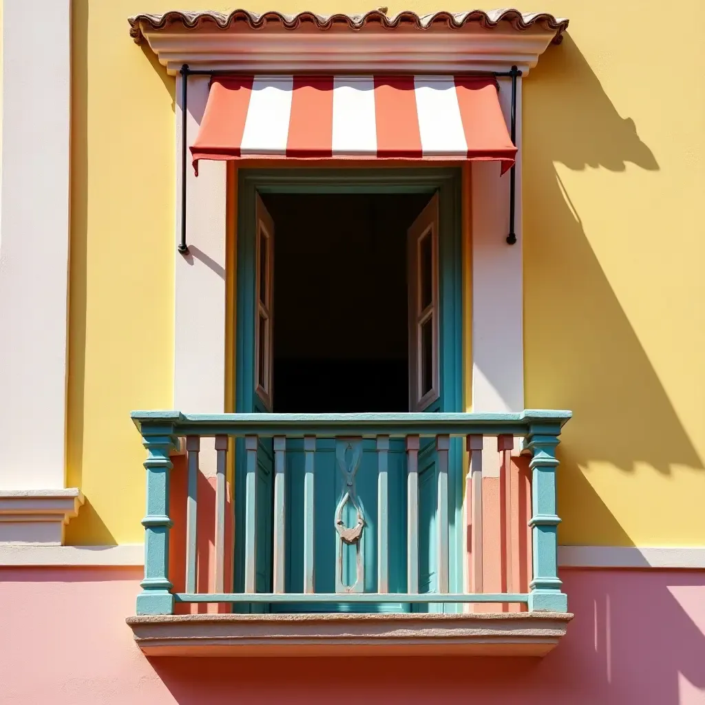 a photo of a balcony decorated with bold stripes in contrasting colors