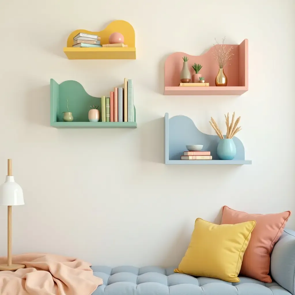 a photo of colorful wall-mounted shelves in a child&#x27;s room