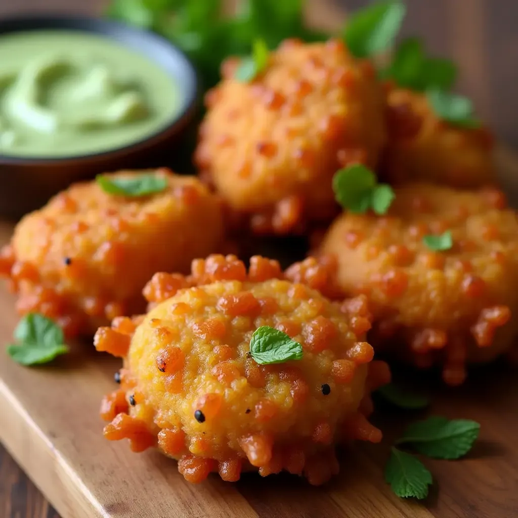 a photo of crispy lentil pakoras with mint chutney on a wooden platter.