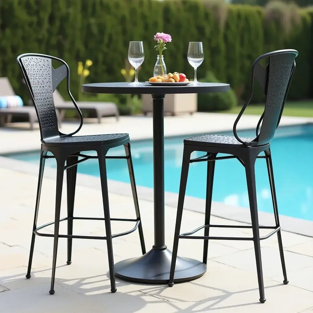 a photo of a metal bar stool set around a poolside table