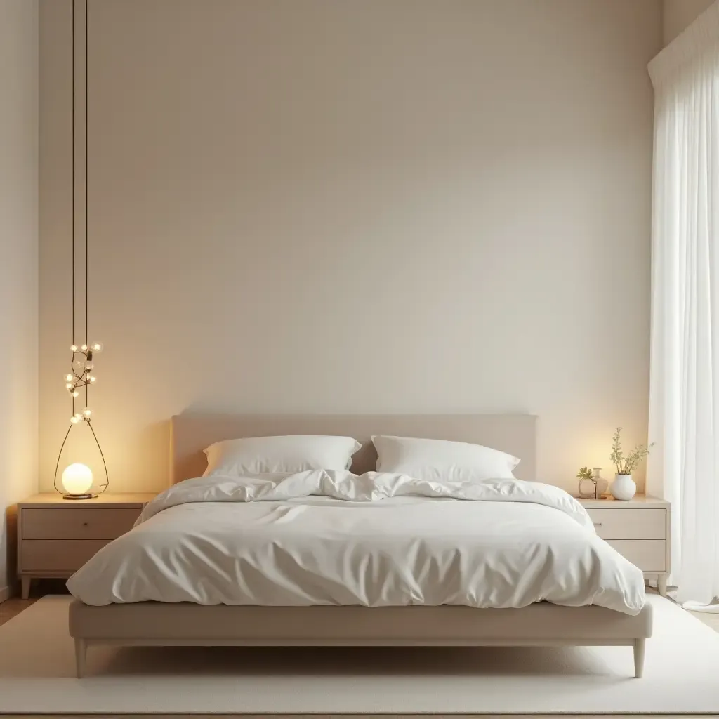 a photo of a minimalist bedroom with a unique light fixture and soft tones