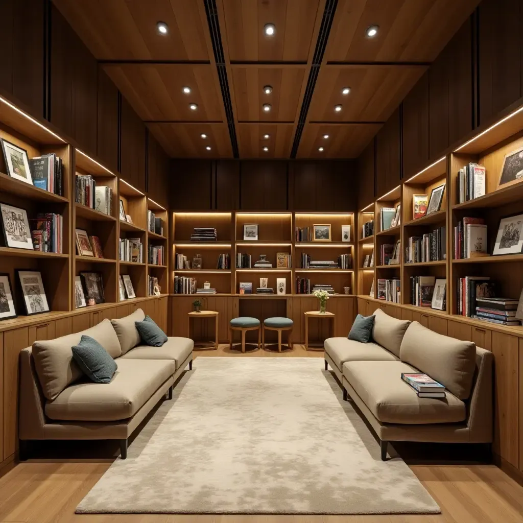 a photo of a basement library with clean shelves and seating