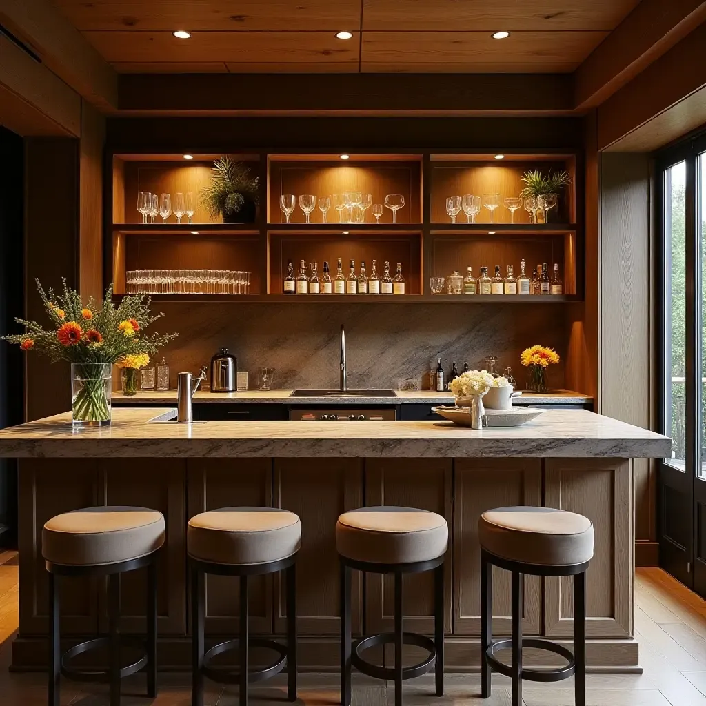 a photo of a basement bar with rustic wood and elegant glassware