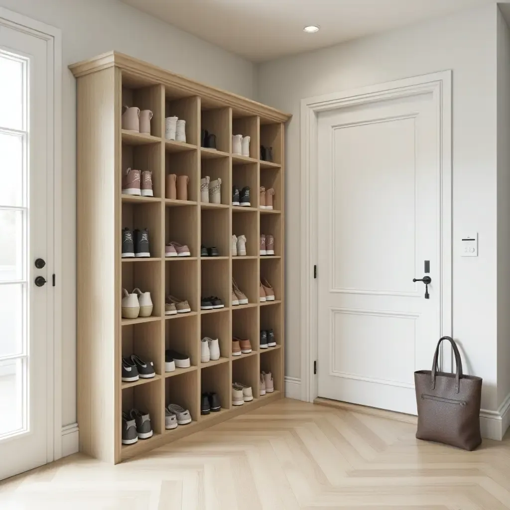 a photo of an entrance hall showcasing a creative shoe storage solution