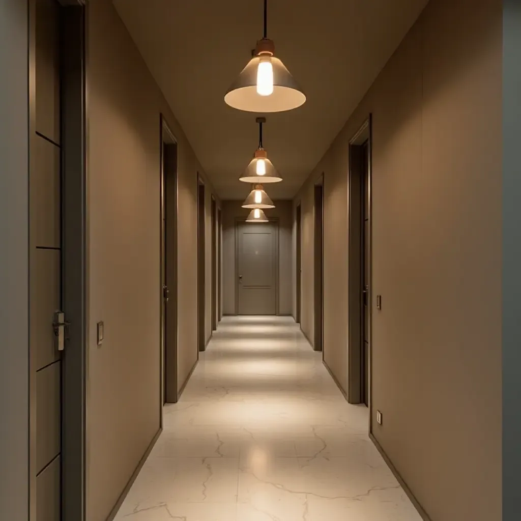 a photo of a corridor with pendant lights designed for small spaces