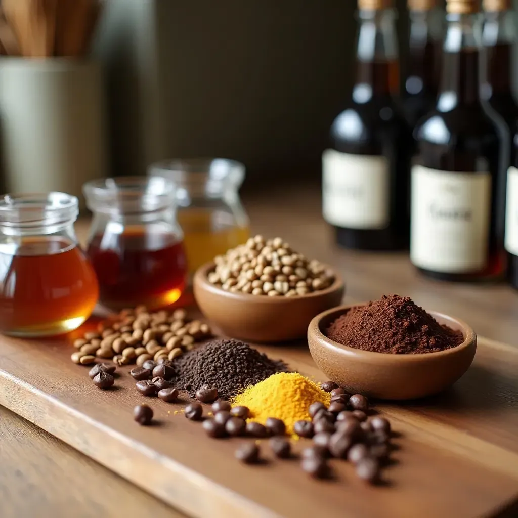 a photo of a coffee station with a selection of flavored syrups and spices