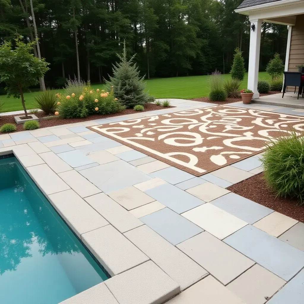 a photo of a concrete patio with a unique geometric design and outdoor rug