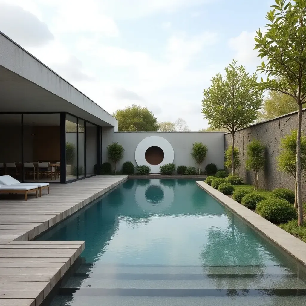 a photo of a minimalist pool with a wooden deck and outdoor art