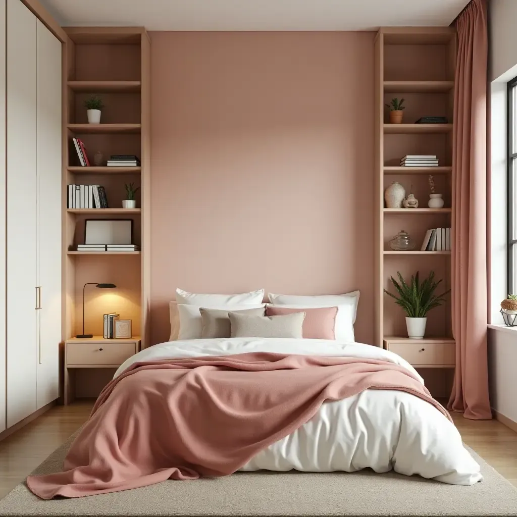 a photo of a color-coordinated 8x8 bedroom with clever wall shelves