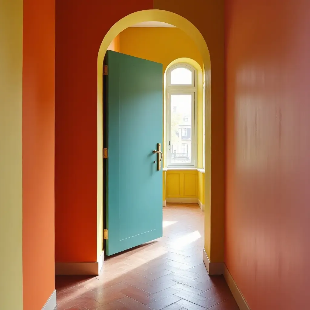 a photo of a small entrance hall with a vibrant color scheme