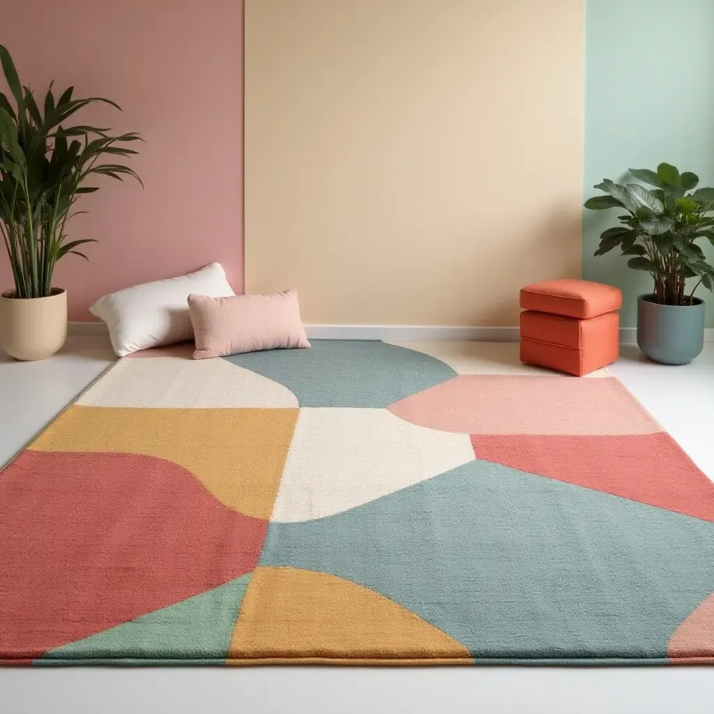 a photo of a playful, oversized rug with geometric shapes in a fun space