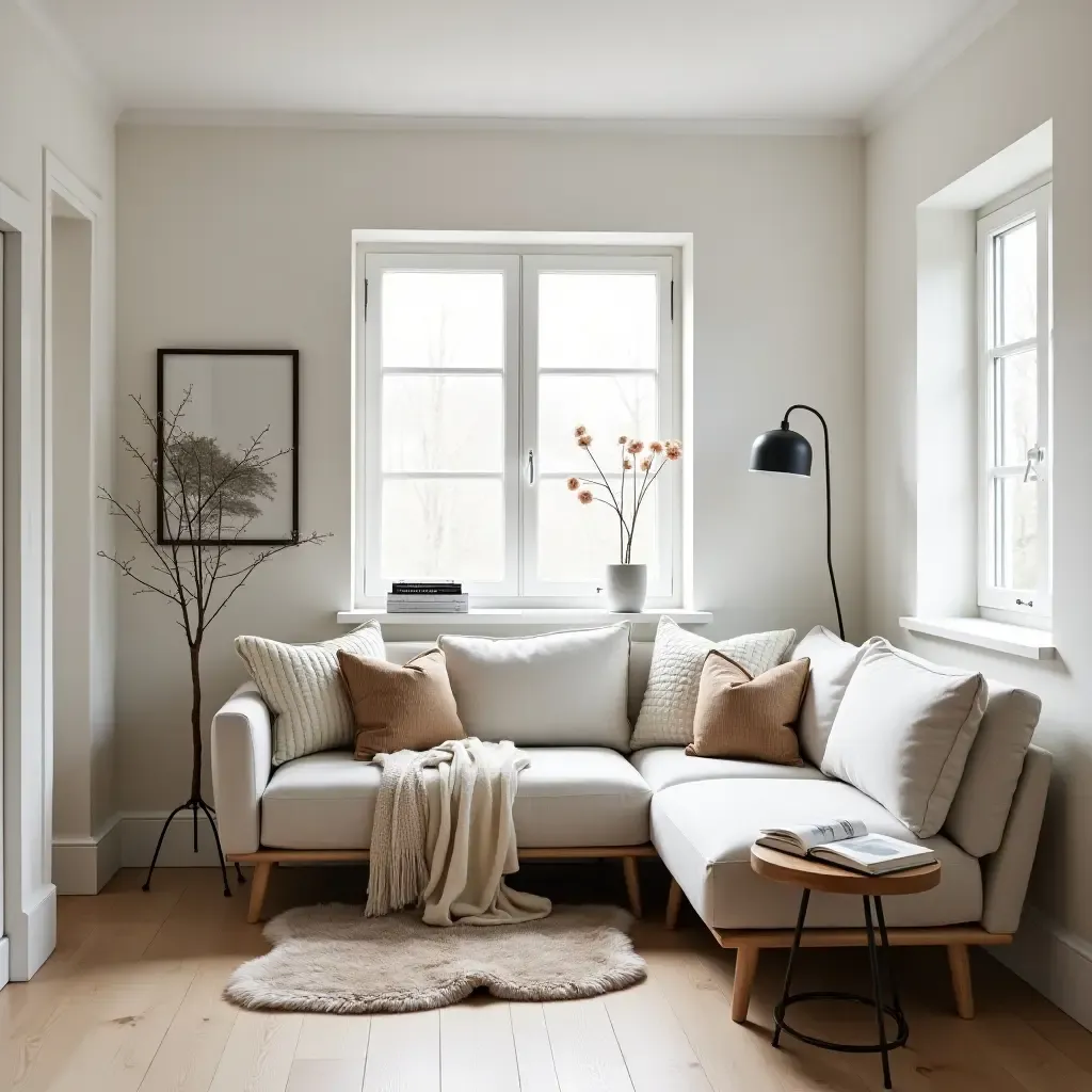 a photo of a bright basement reading nook with Scandinavian design features