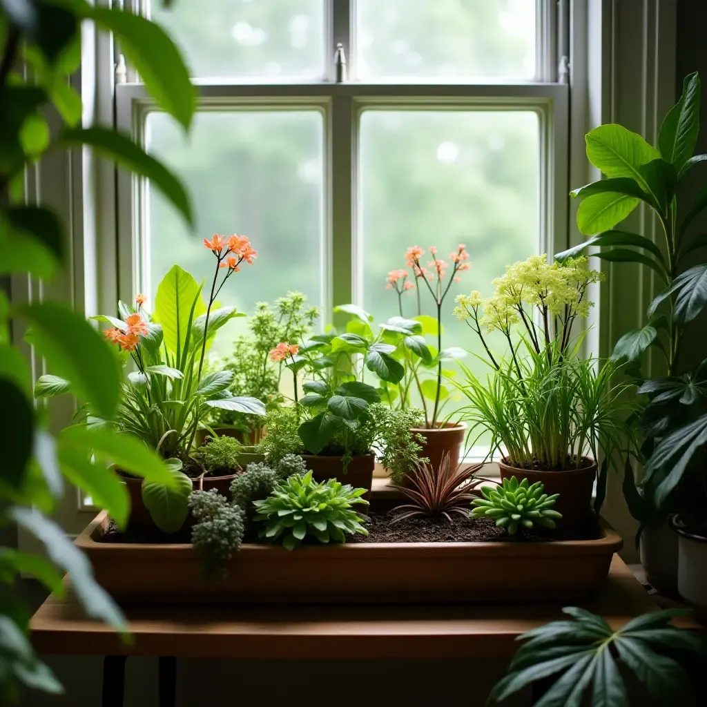 a photo of a vibrant indoor garden on a shelf