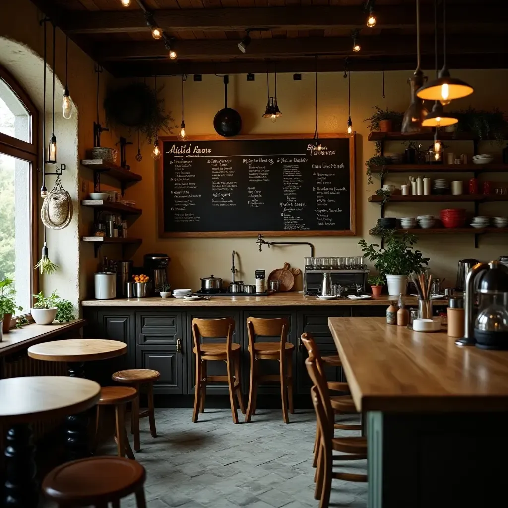 a photo of a nostalgic kitchen with a chalkboard menu and hanging pots