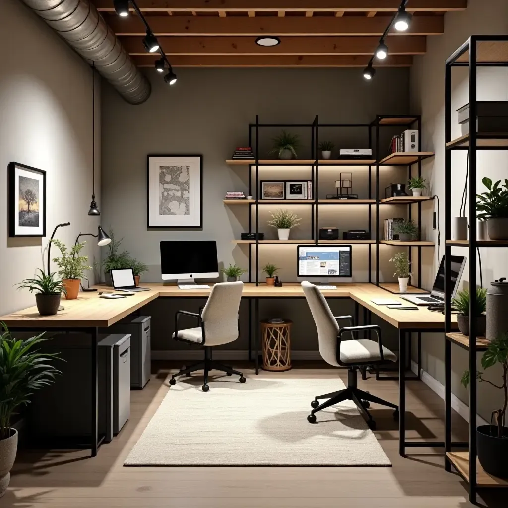 a photo of a basement workspace with fabric accents, wooden desks, and metal shelving