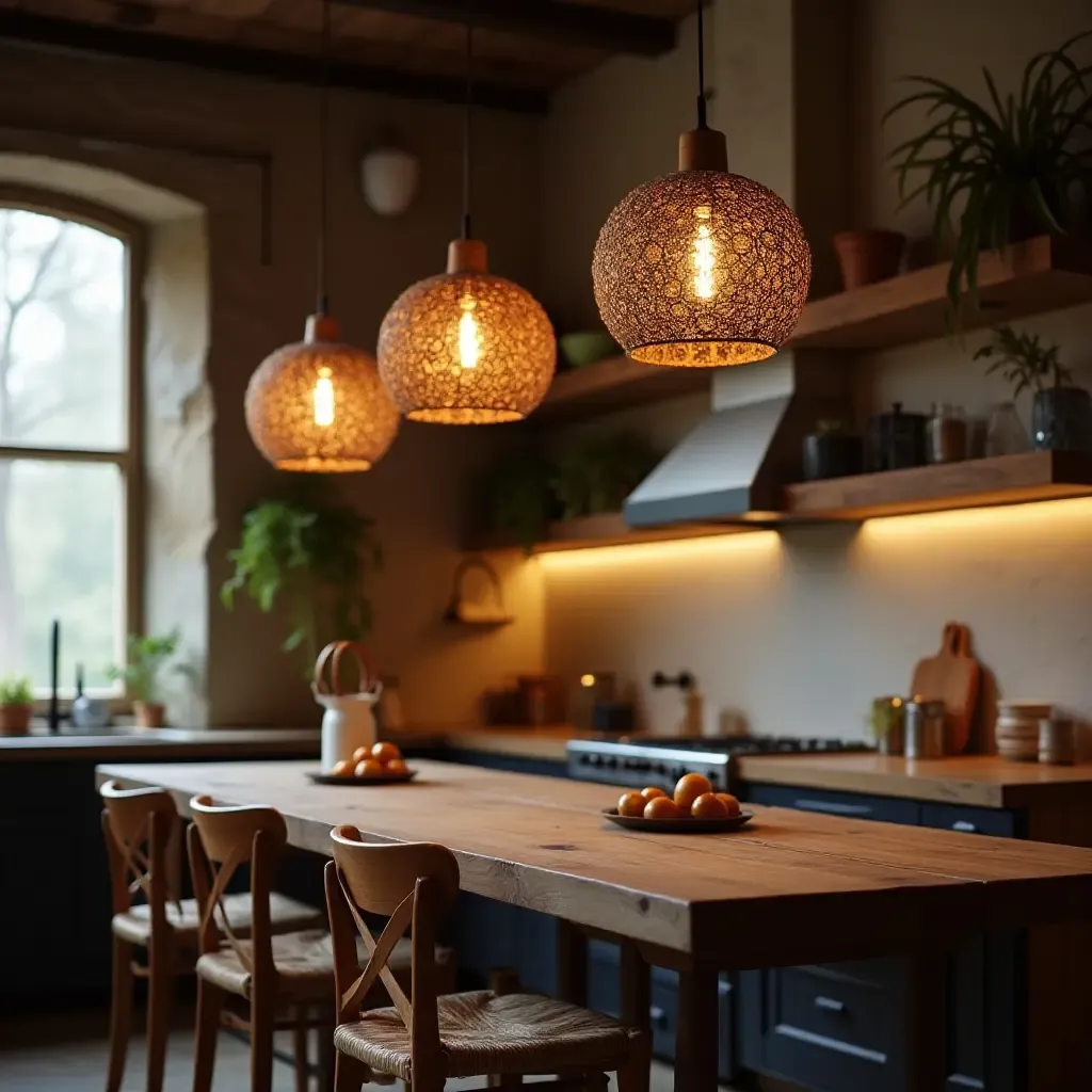 a photo of artistic pendant lights in a bohemian kitchen