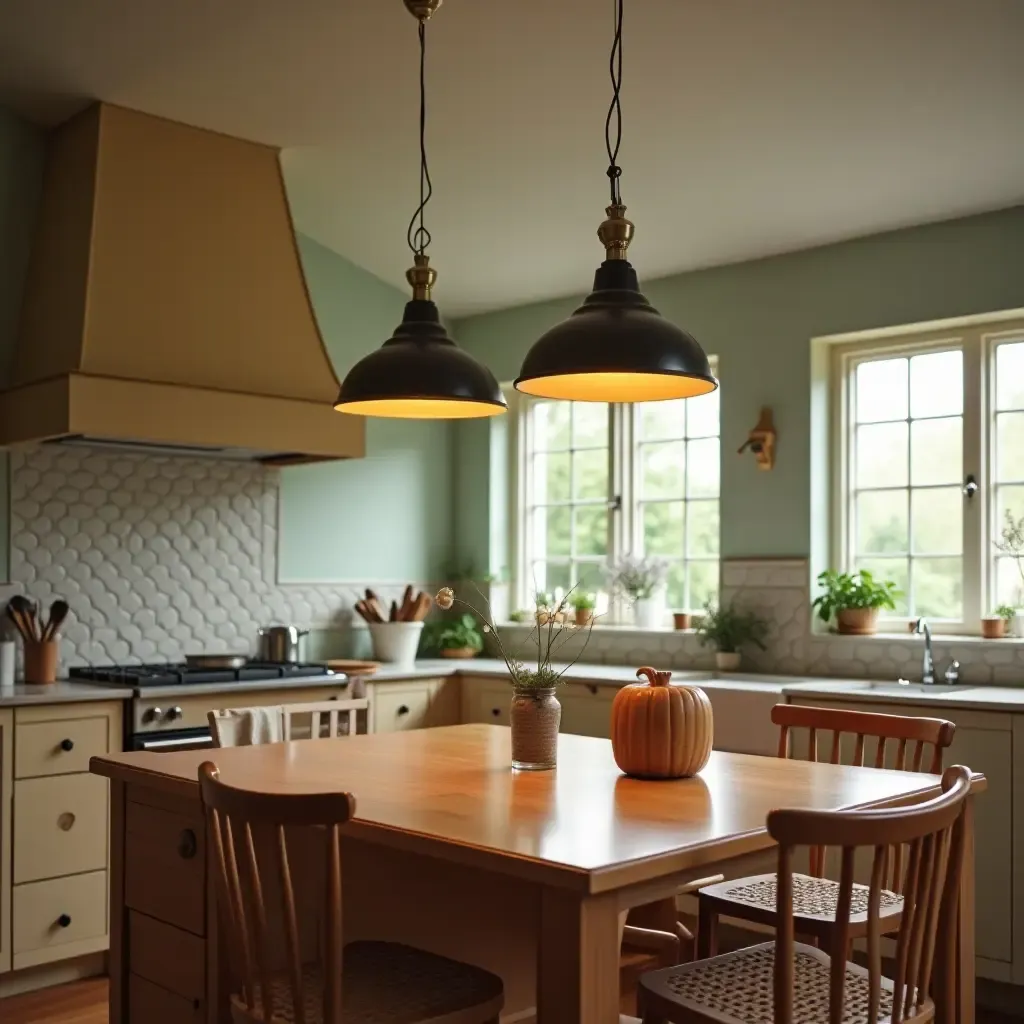 a photo of retro pendant lights in a vintage-inspired kitchen