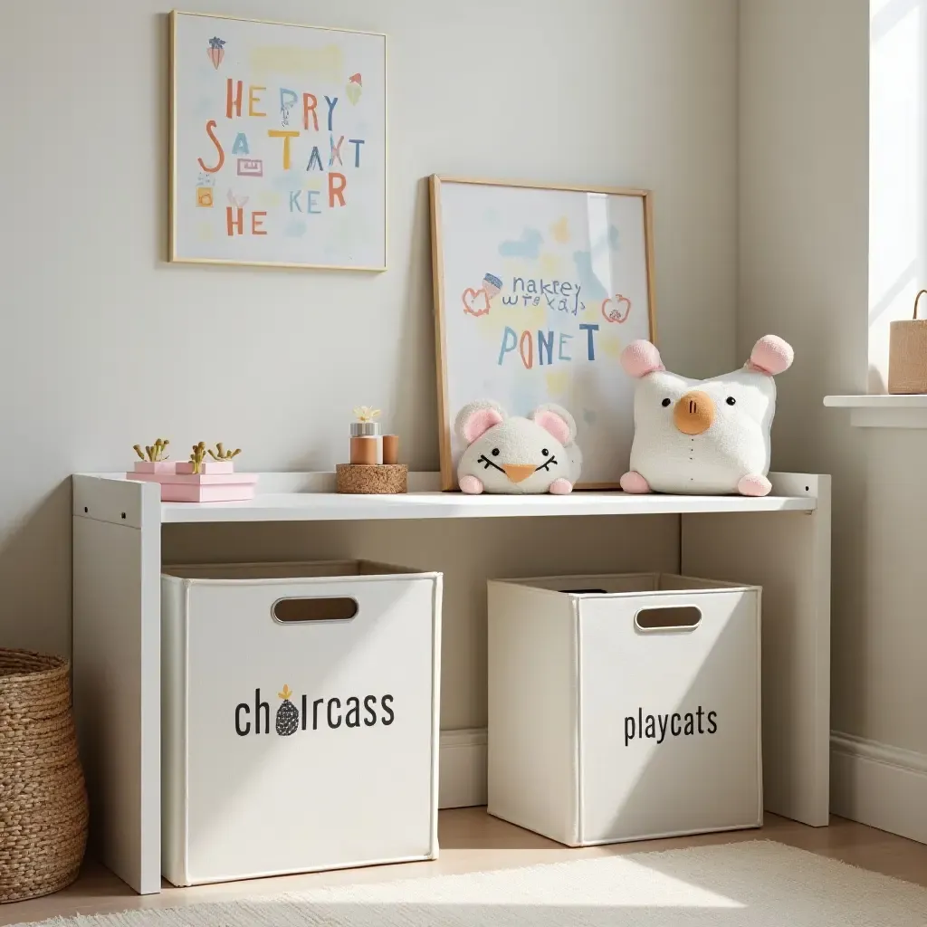 a photo of a playroom with labeled storage boxes for easy access