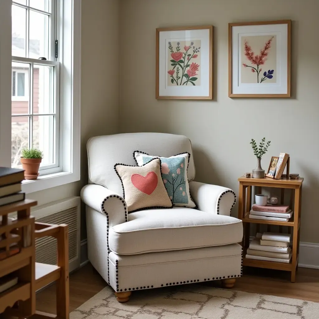 a photo of a basement craft corner with whimsical throw pillows on a craft chair